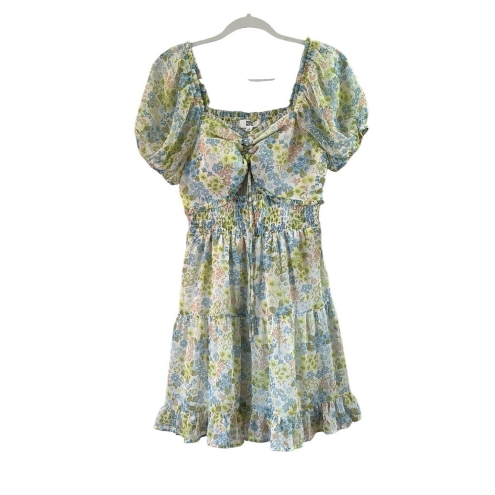 Madden NYC Floral Puff Sleeve Smocked Cottagecore Fairy Dress size Large - Picture 2 of 6